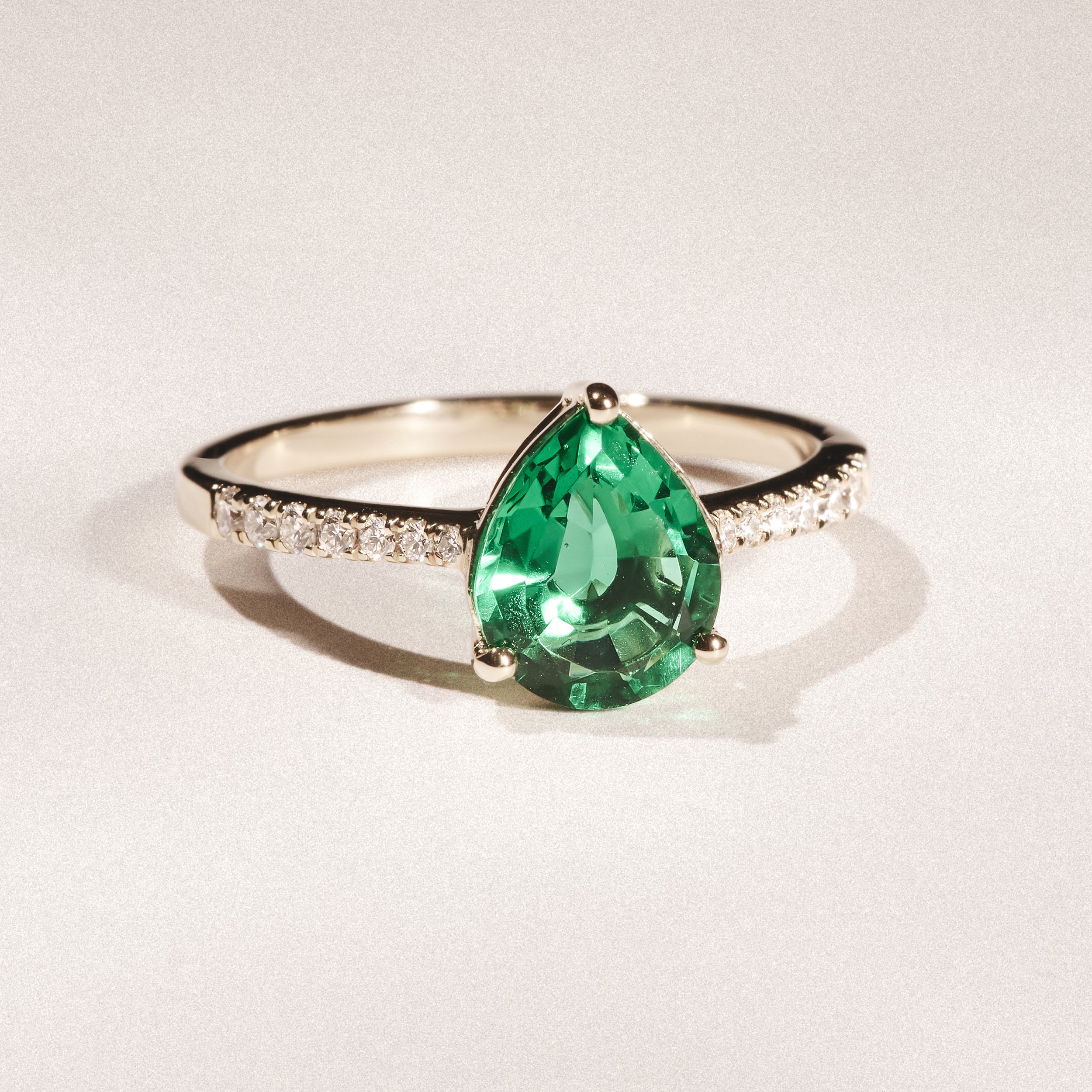 Astra 2.30ct Lab Emerald and Diamond Shoulder Set Pear Cut Ring in 18K Gold Vermeil